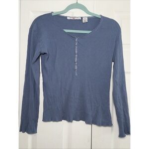George & Martha Ribbed Henley Top Womens Size M Blue Y2K Lace Trim Cotton Shirt